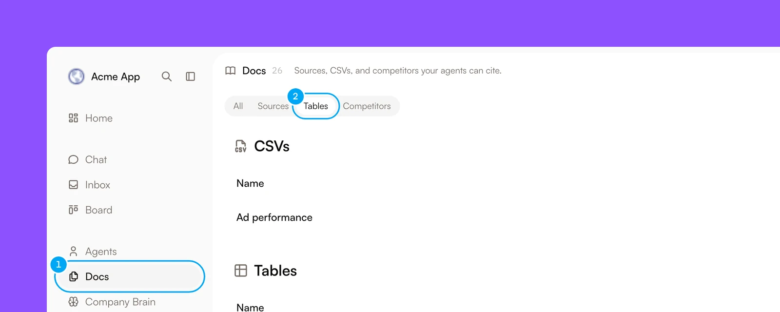 The Docs item in the sidebar and the Tables tab on the Docs page.