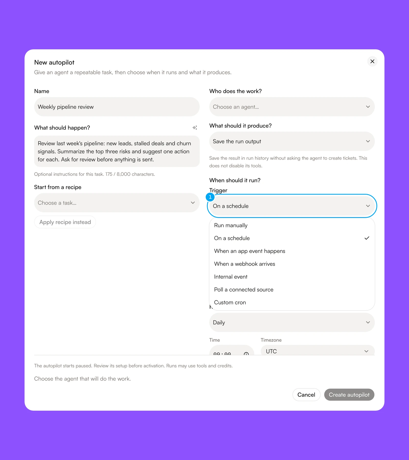 The New autopilot form with the Trigger list open and the advanced triggers shown.