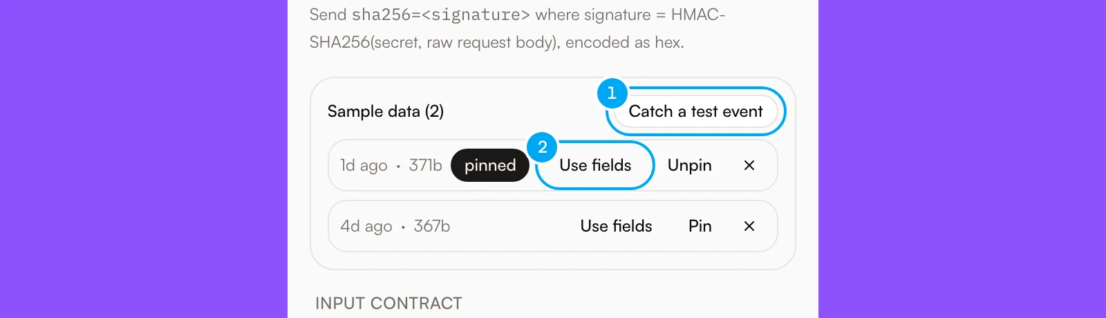 The Sample data list of a webhook workflow with Catch a test event and Use fields numbered.