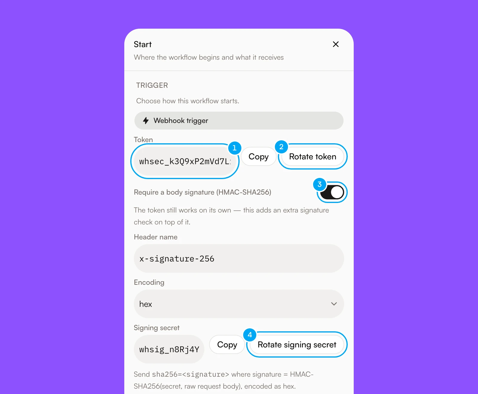 The Start block panel of a webhook workflow with the token, Rotate token, the body signature switch and Rotate signing secret numbered.