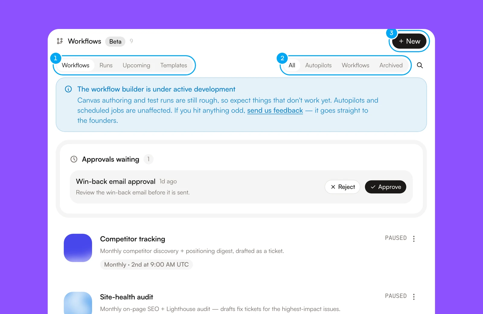 The Workflows page with its tabs, the kind filter and the New button numbered, above a list of Autopilots and one workflow.