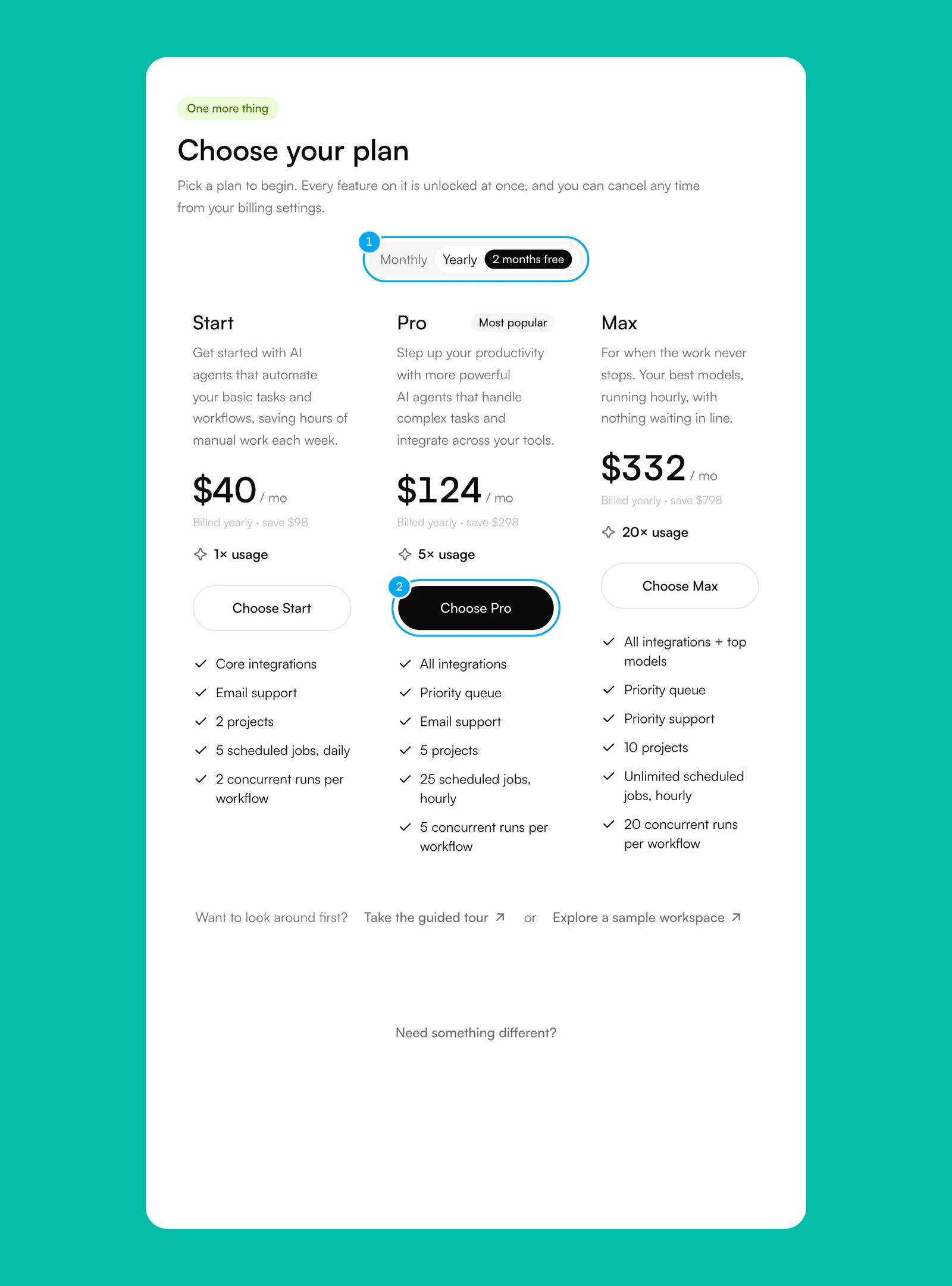 The Choose your plan screen with the Monthly and Yearly switch and a Choose Pro button numbered.