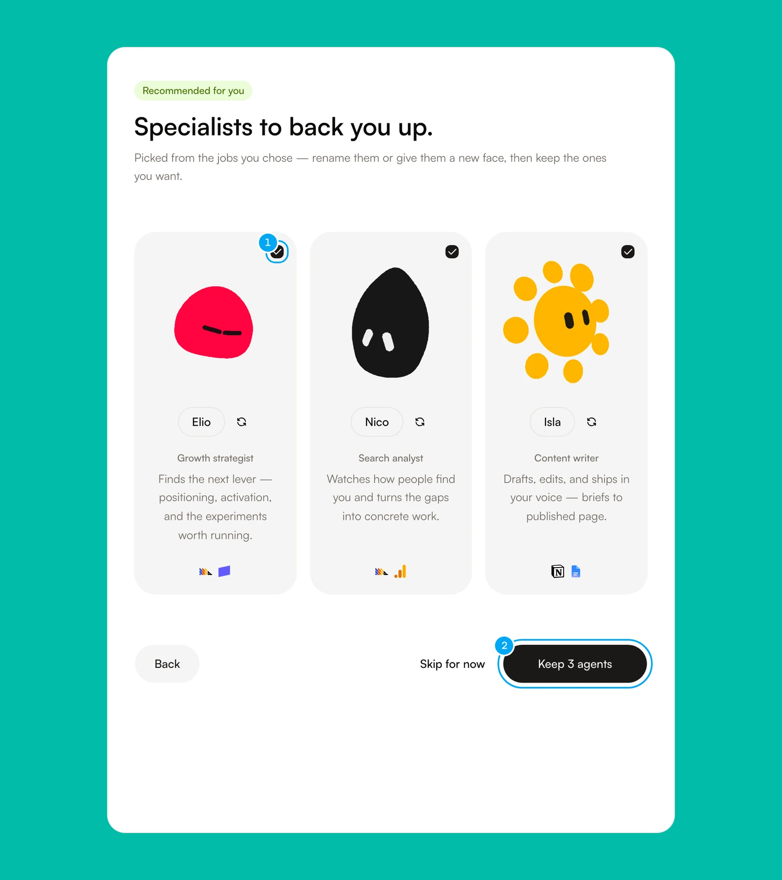 The specialists screen with the first specialist's checkbox and the Keep 3 agents button numbered.