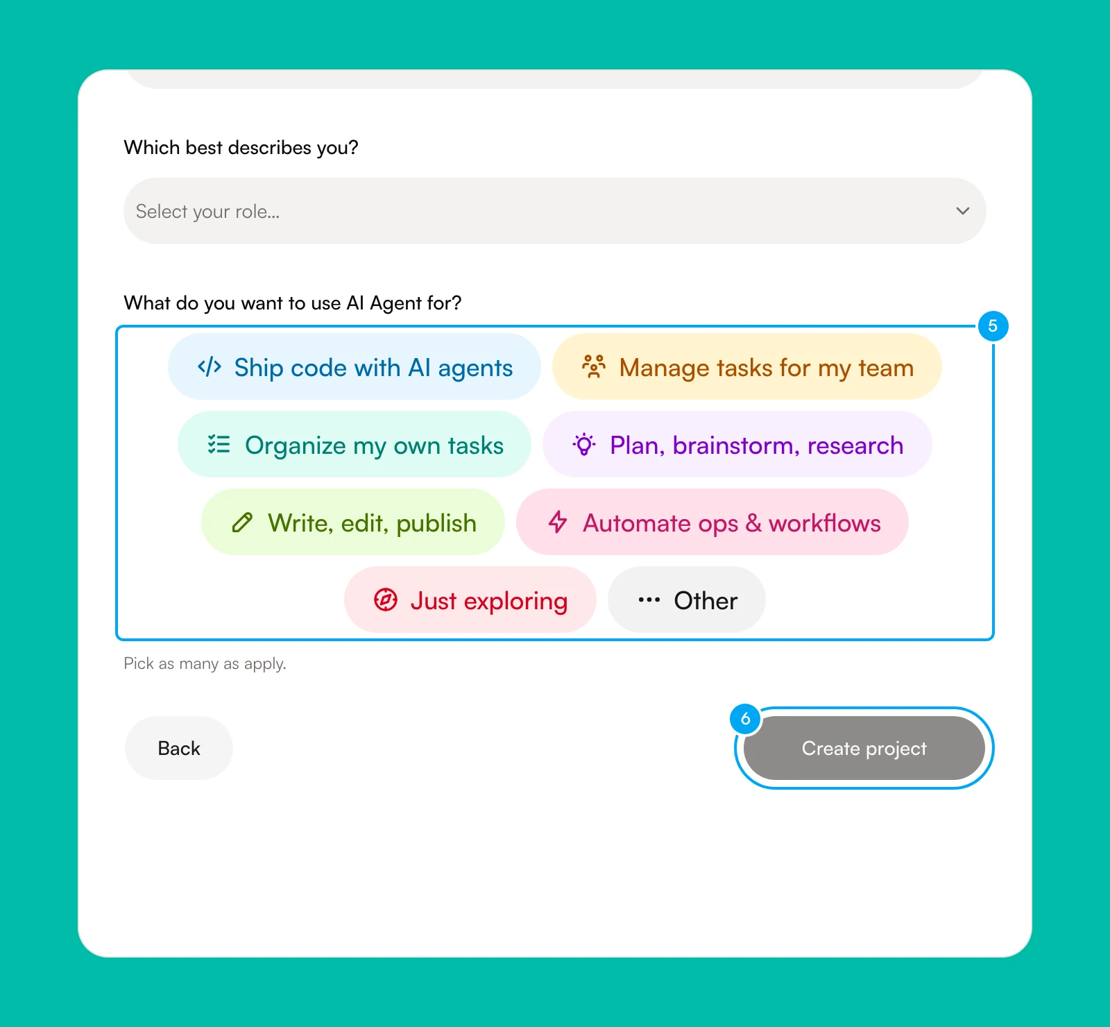 The lower part of the Set up your workspace screen with the use-case choices and the Create project button numbered.