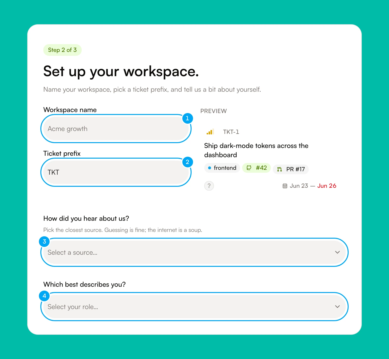 The Set up your workspace screen with Workspace name, Ticket prefix and the two survey lists numbered.