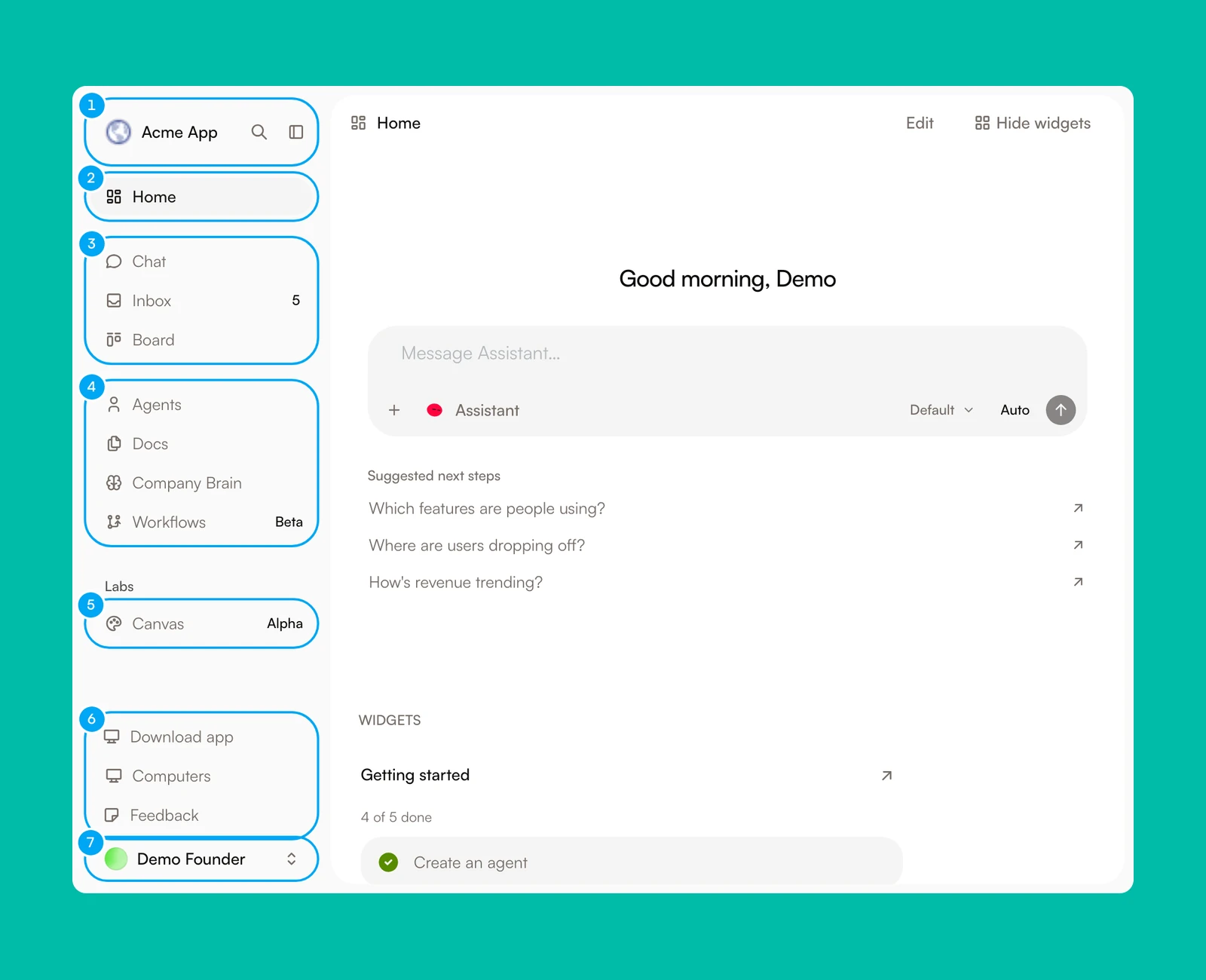 The AI Agent window with the sidebar numbered: the workspace switcher and search, Home, Chat, Inbox and Board, Agents, Docs, Company Brain and Workflows, the Labs group, the footer links, and the account menu.