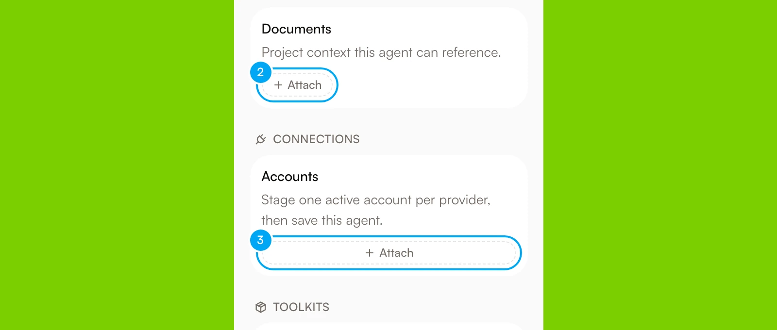 The Docs and Connections sections on an agent's Overview tab, each with an Attach button.