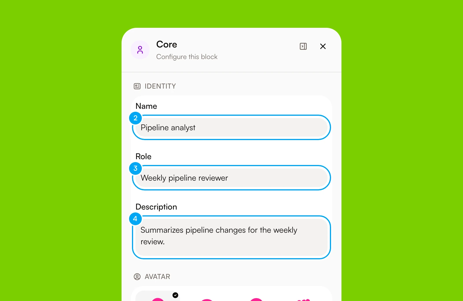 The Core block settings in the agent builder, with Name, Role and Description filled in.