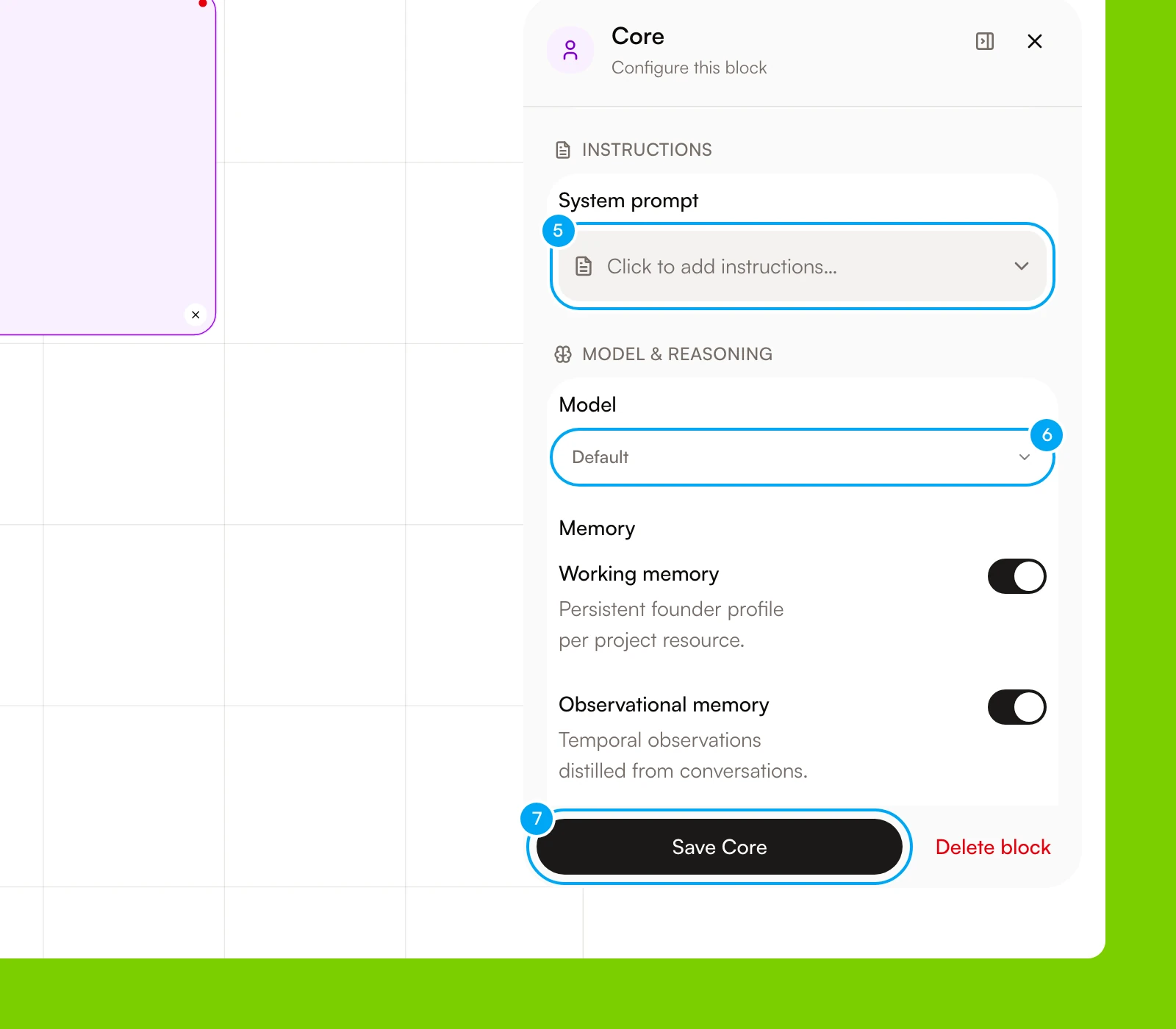 The System prompt and Model settings of the Core block, with the Save Core button.
