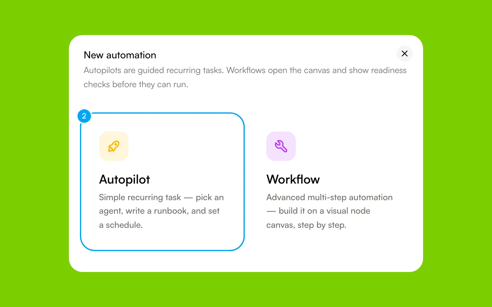 The New automation dialog with the Autopilot option.