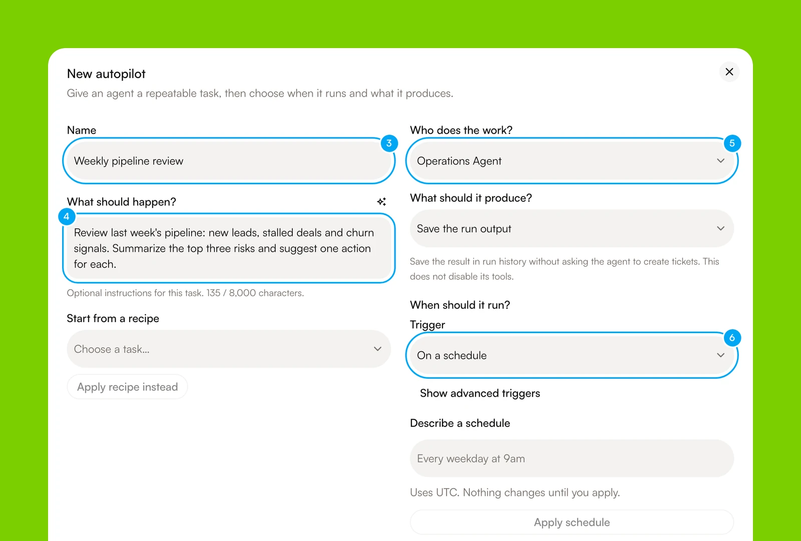 The New autopilot form with Name, What should happen?, Who does the work? and Trigger filled in.