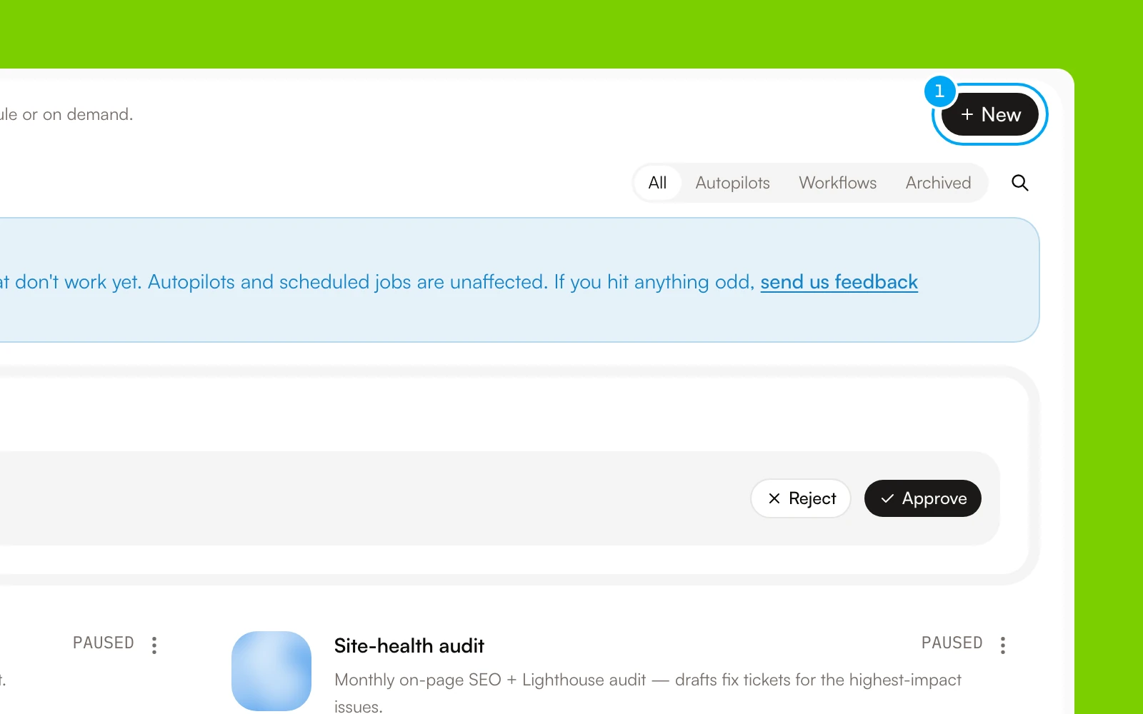 The New button at the top of the Workflows page.