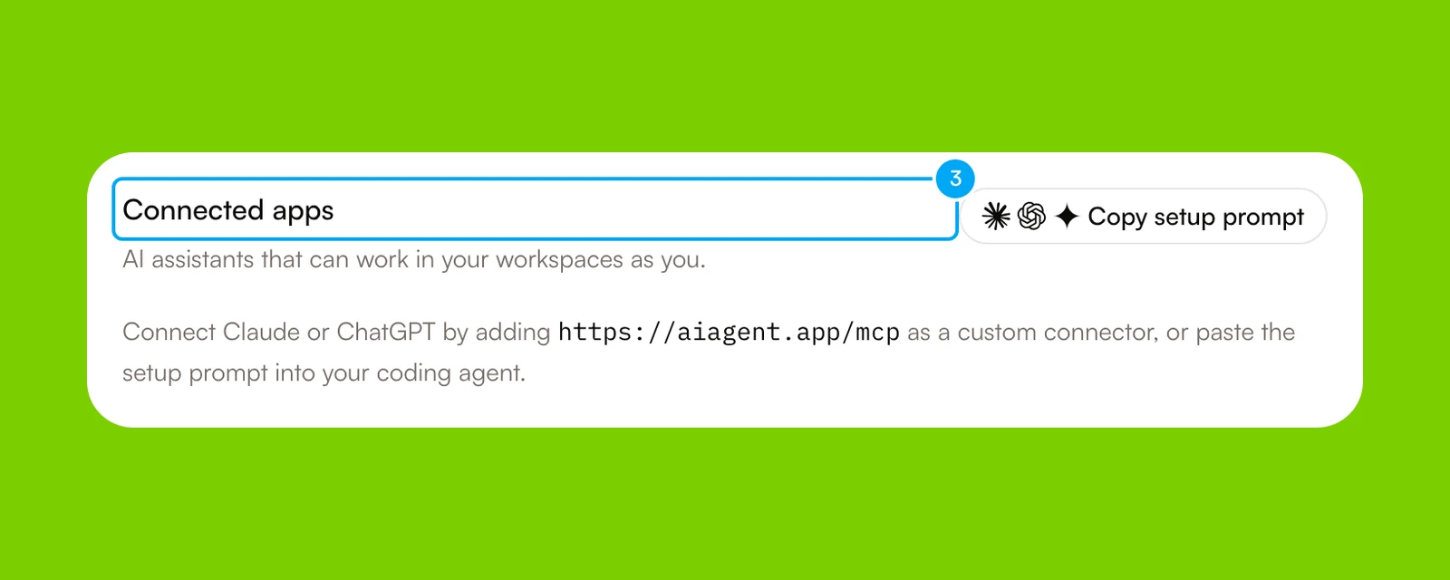The Connected apps card in Settings, Profile, with the Copy setup prompt button.