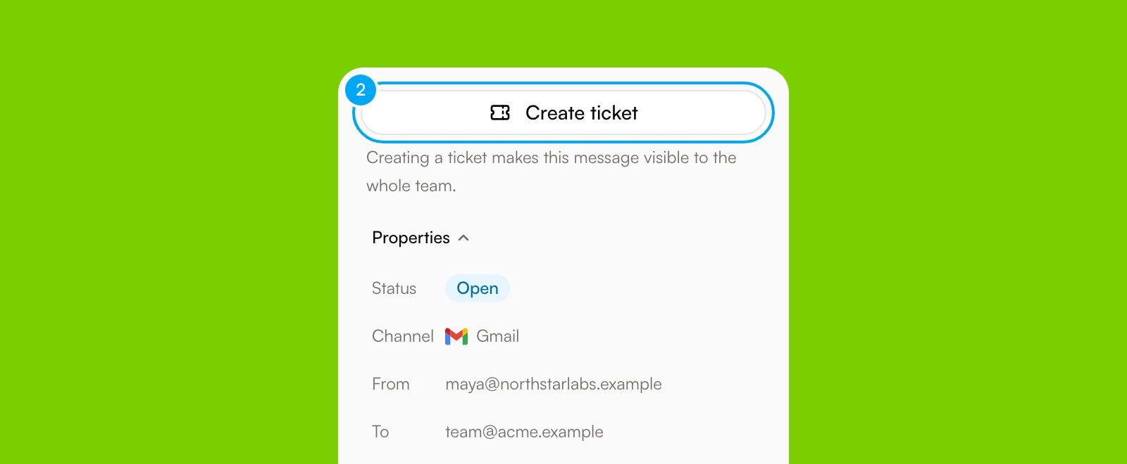 An email in the Inbox with the Create ticket button in the properties panel.