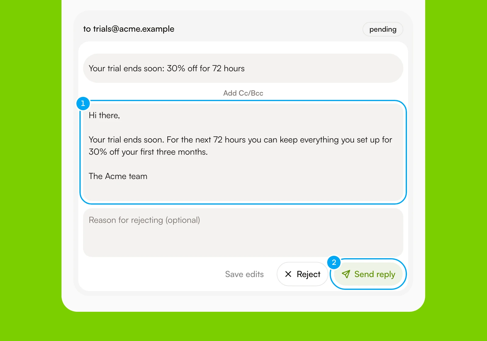 A Gmail reply draft on a ticket, with the reply body and the Send reply button.