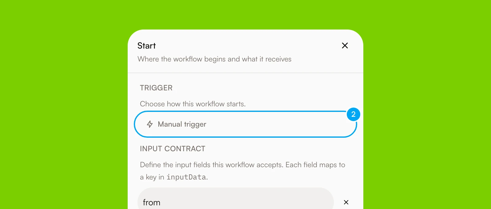 The Start panel of the workflow builder with the Manual trigger button.