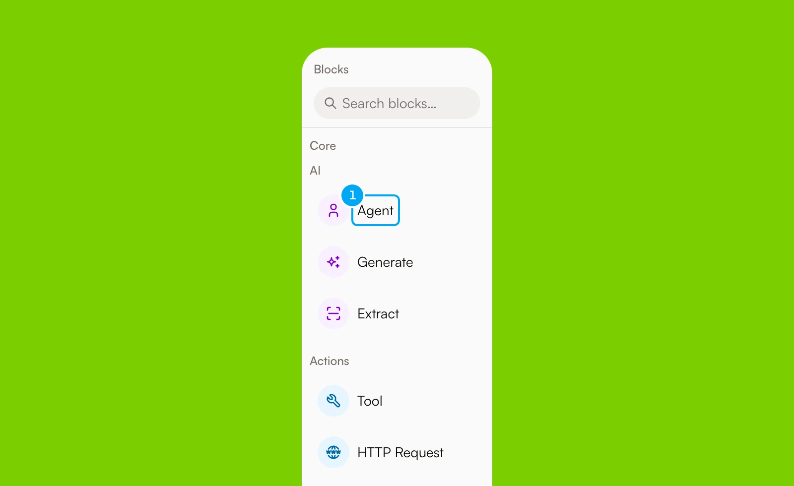 The Blocks panel of the workflow builder with the Agent block.