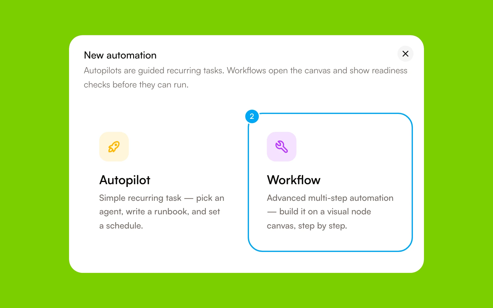 The New automation dialog with the Workflow option.