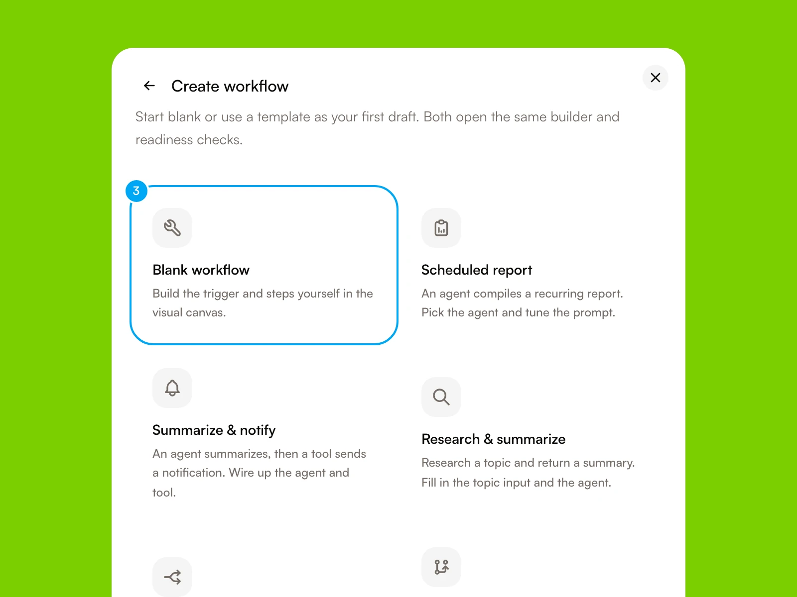The Create workflow dialog with the Blank workflow option and the templates.