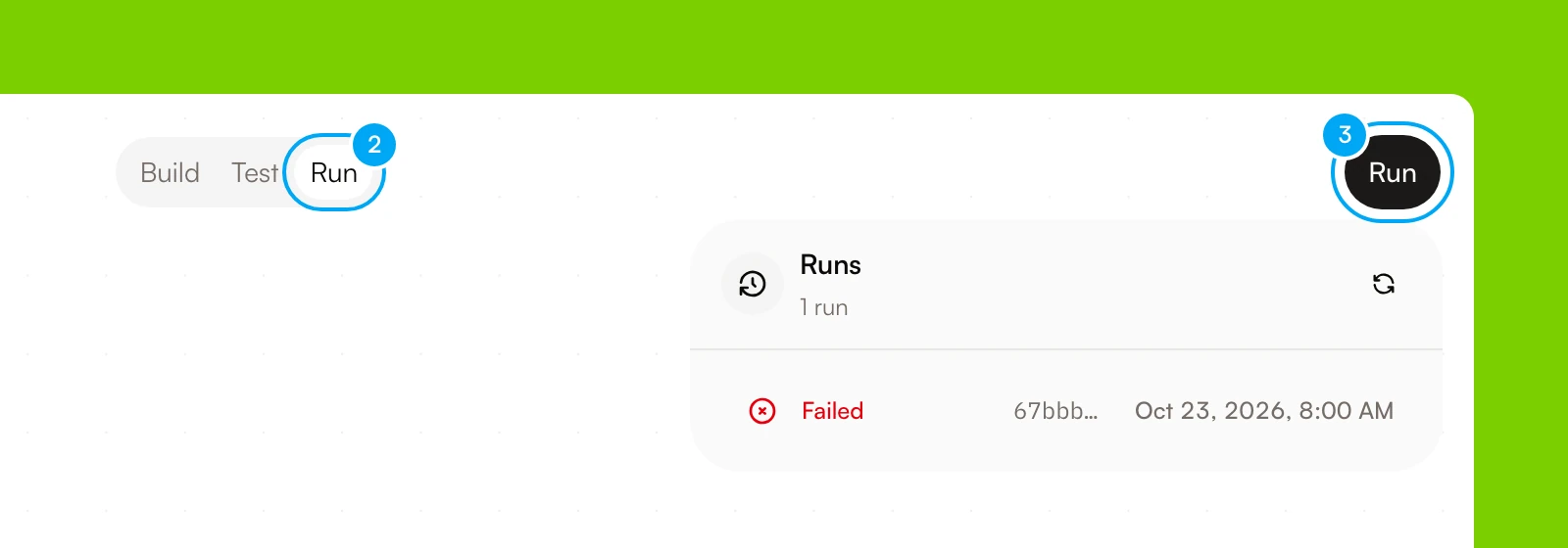 The Build, Test and Run tabs of the builder, with the Run tab selected and the Run button at the top right.