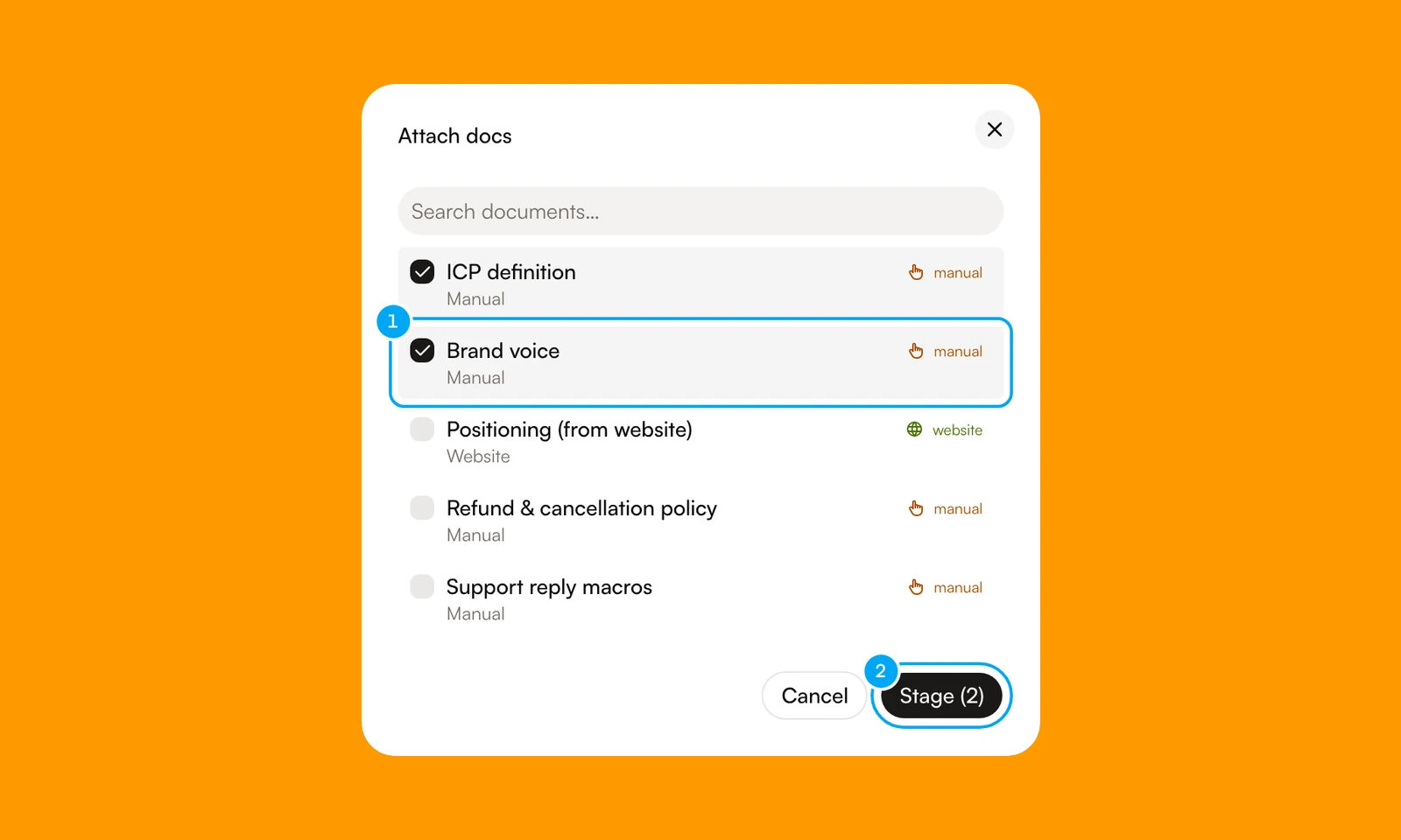 The Attach docs dialog with two docs ticked and the Stage button.