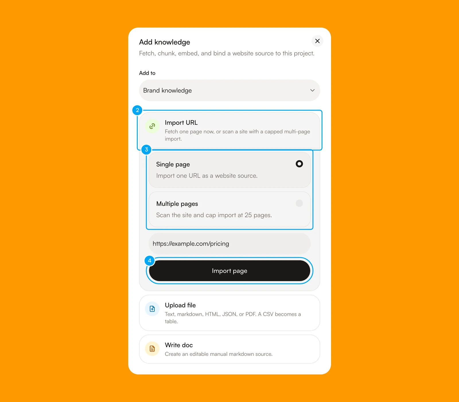 The Add knowledge dialog with Add to, Import URL, the Single page and Multiple pages choice, and the Import page button.