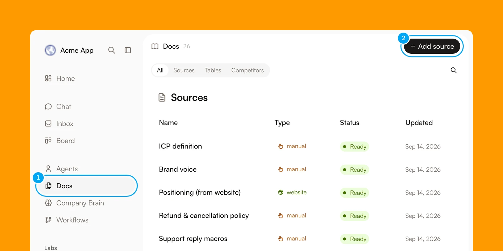 The Docs item in the sidebar and the Add source button at the top of the Docs page.