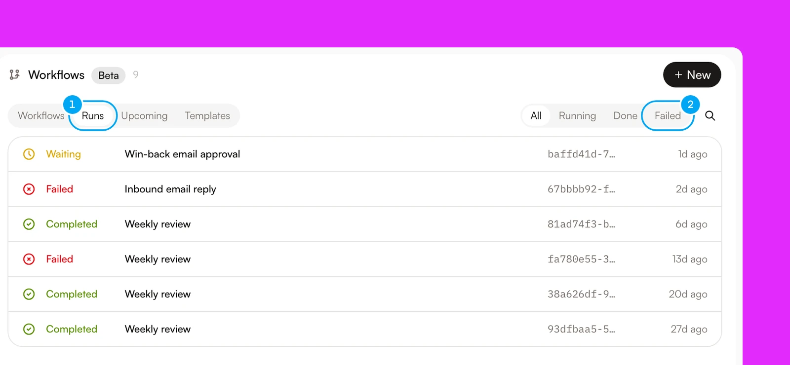 The Workflows page on the Runs tab with the All, Running, Done and Failed filters.