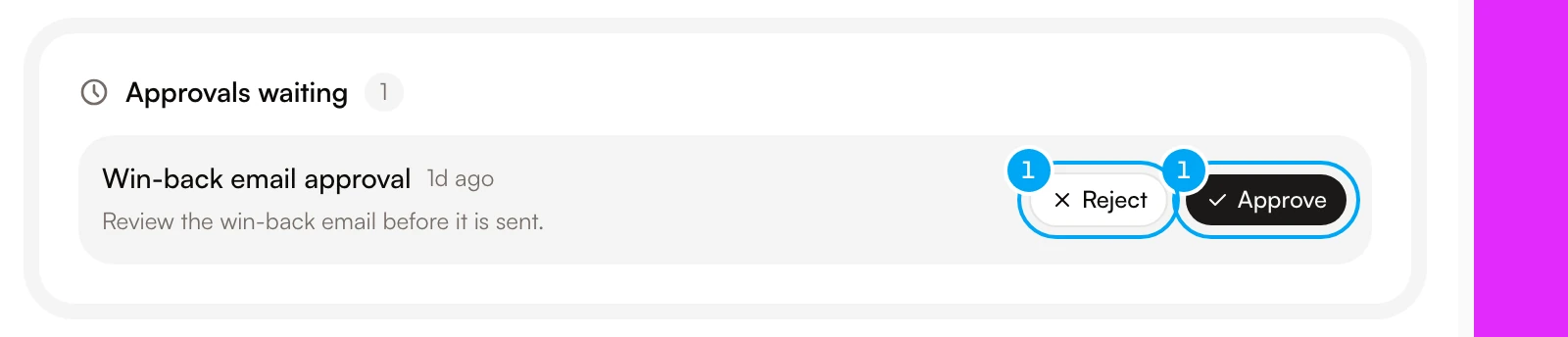 The Approvals waiting card on Workflows with its Approve and Reject buttons.